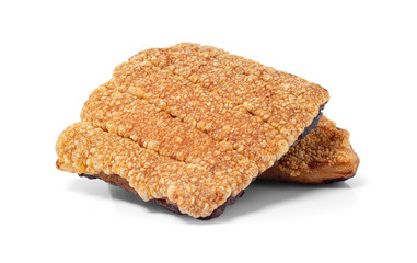 Close up view of crispy pork belly or deep fried pork isolated on white background with clipping path.