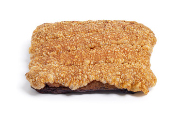Close up view of crispy pork belly or deep fried pork isolated on white background with clipping path.