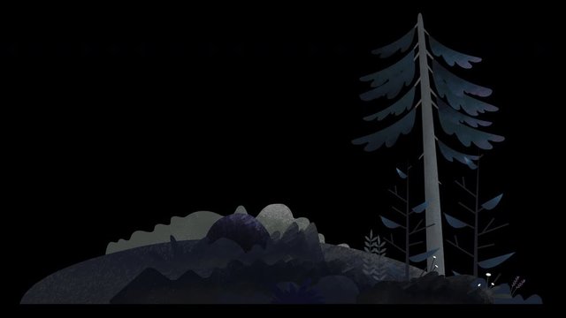 Seamless loop. Pine tree, bushes, flowers and grass on a hill swing in the wind. Pale grey colors at night. Animated vector illustration with brushes isolated on black background with alpha luma matte