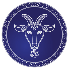 Capricorn zodiac sign decorative design of astrological element in circle. Isolated icon for horoscopes. Symbol of mythological creature Fish goat animalistic depiction. Vector in flat style