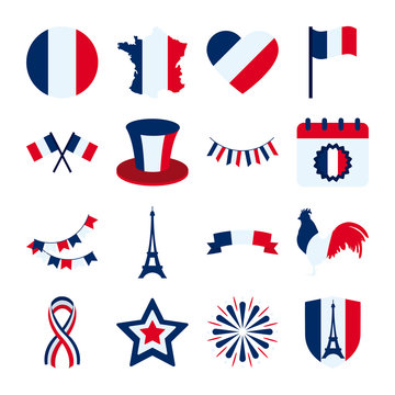 eiffel tower and bastille day icon set, flat style