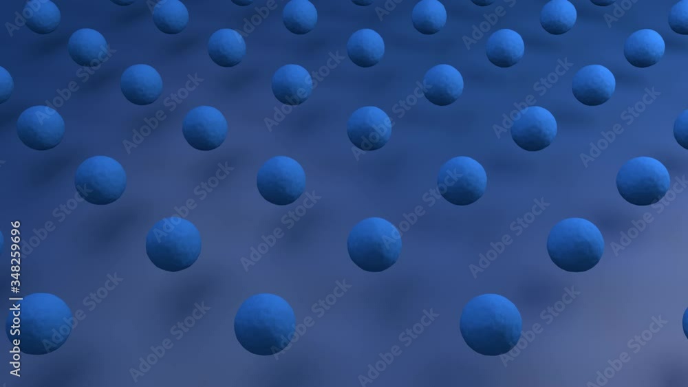 Poster 3d animation, blue background and many spheres turning into covid-19 viruses, chaotic movement over 