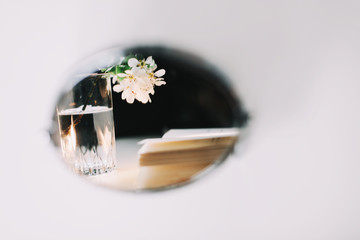 An open book with blossom branches in the mirror. Reading book. Cozy leisure scene. Comfy...