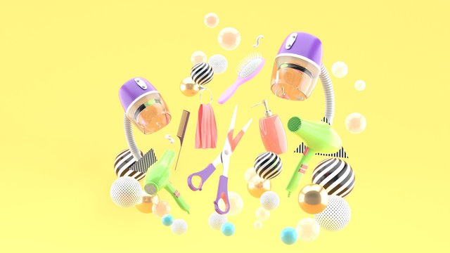 Hair dryers, scissors and combed among many colorful balls on an orange background.-3d rendering.