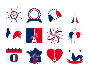 fireworks and bastille day icon set, flat style