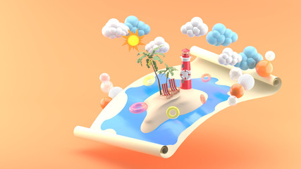 Beach chairs, coconut trees and lighthouses on the sea in the map on an orange background.-3d rendering.
