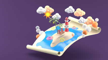 Beach chairs, coconut trees and lighthouses on the sea in the map on a purple background.-3d rendering.