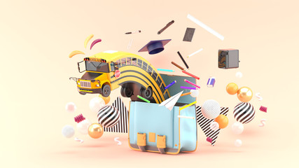 The school bus floats out of the school bag along with the school supplies on the pink background.-3d rendering. © Garfieldbigberm