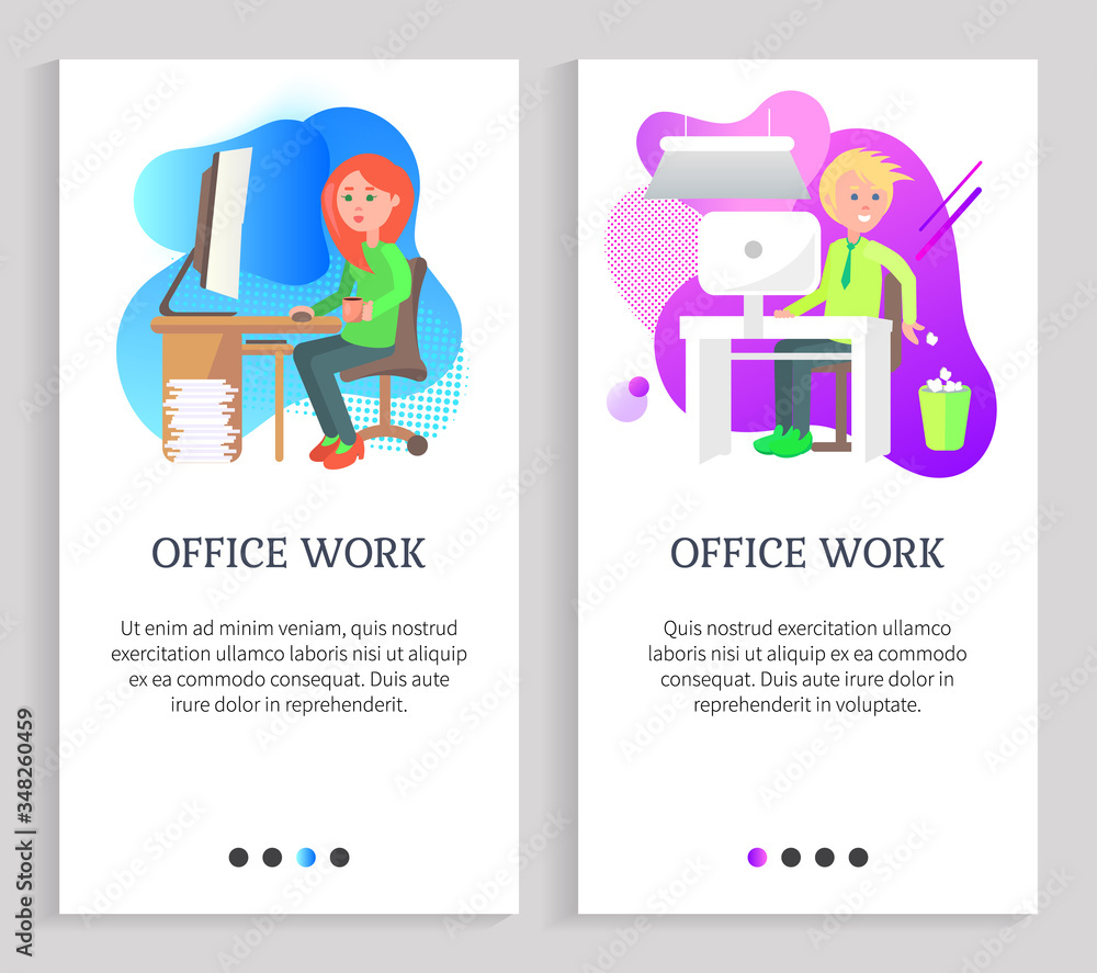 Poster woman working with computer, man sitting at desktop, throwing garbage in urn, worker character using