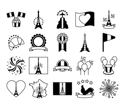 heart and bastille day icon set, line style