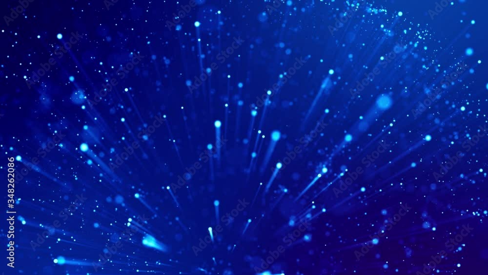 Poster blue shiny sparkling particles with light rays move in a viscous liquid. it is 4k 3d animation as mo