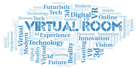 Virtual Room word cloud collage made with text only.