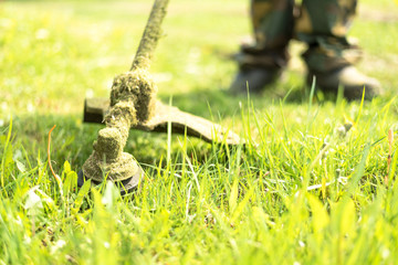 Worker mows grass on the site with a gasoline mower. A man takes care of the lawn with a string trimmer.