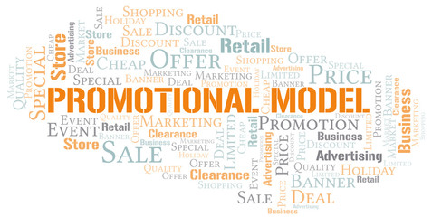 Promotional Model word cloud collage made with text only.