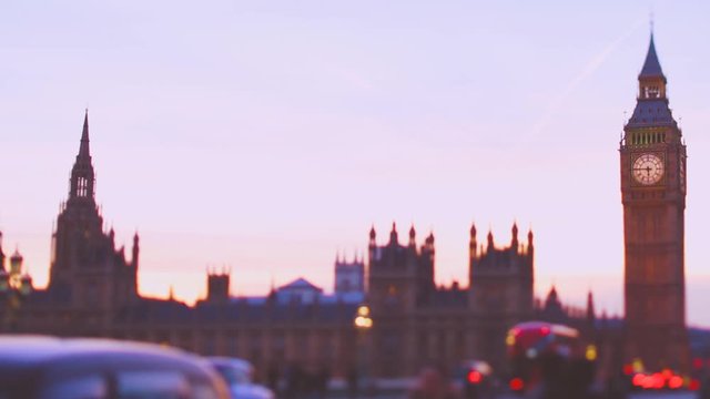 Big Ben and houses of parliament sunset with tilt shift lens soft focus faded film look