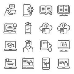 Online education icon set vector illustration. Contains such icon as e-learning, Graduate, Social distancing, Tutorial, Training, e-Book online, and more. Expanded Stroke