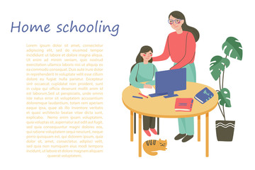 Home schooling concept. Children at home with computer and parent teaches getting education. Educate online. Mom with a child are sitting at the table. Vector illustration in cartoon flat style