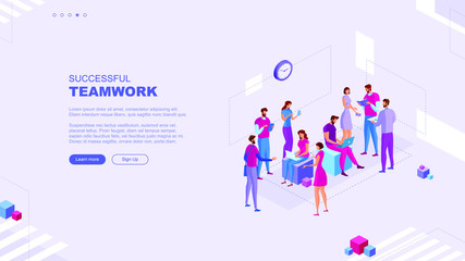 Trendy flat illustration. Successful teamwork page concept. Office workers planing business mechanism, analyze business strategy and exchange ideas. Template for your design works. Vector graphics.