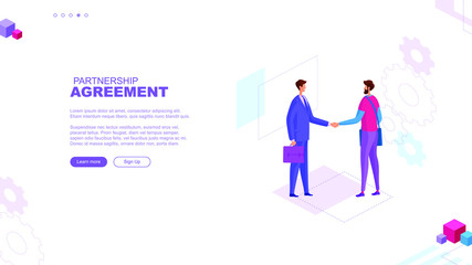Trendy flat illustration. Partnership agreement page concept. Businessman. Handshake. Template for your design works. Vector graphics.