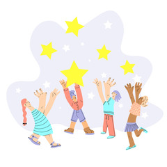 Funny characters. Vector illustration on white background. The group of people catching stars for their successful work.