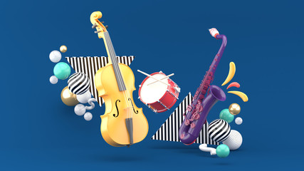 Double bass, drum, saxophone surrounded by colorful balls on a blue background.-3d rendering..