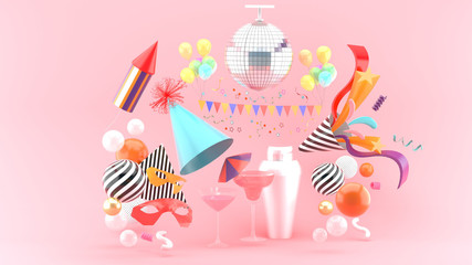 Drinks surrounded by masks, party hats, firecrackers, party balls on a pink background.-3d rendering..