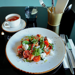 Dish breakfast dinner time plate table black coffee juice musli eggs bread cheesecakes porridge macaroni water menu for cafe restaurant 