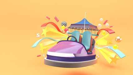 Carnival car surrounded by stars and ribbons on an orange background.-3d rendering..