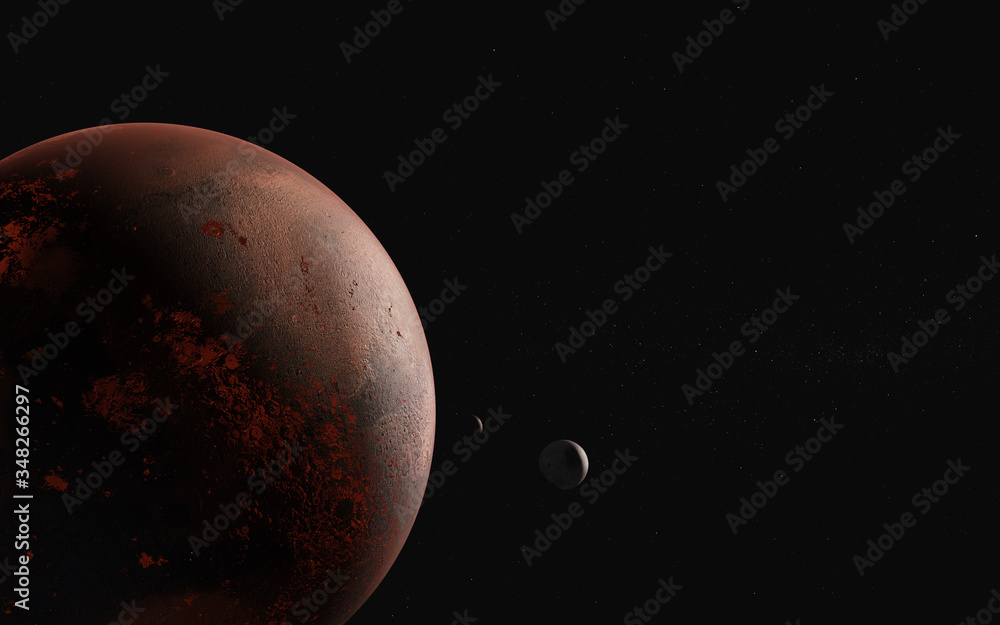 Poster mars planet of solar sysrem with moons close up. 3d rendered illustration. elements of this image fu