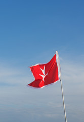 Malta flag in a wind isolated in blue sky background. Symbol of Malta - flag with cross. Europe