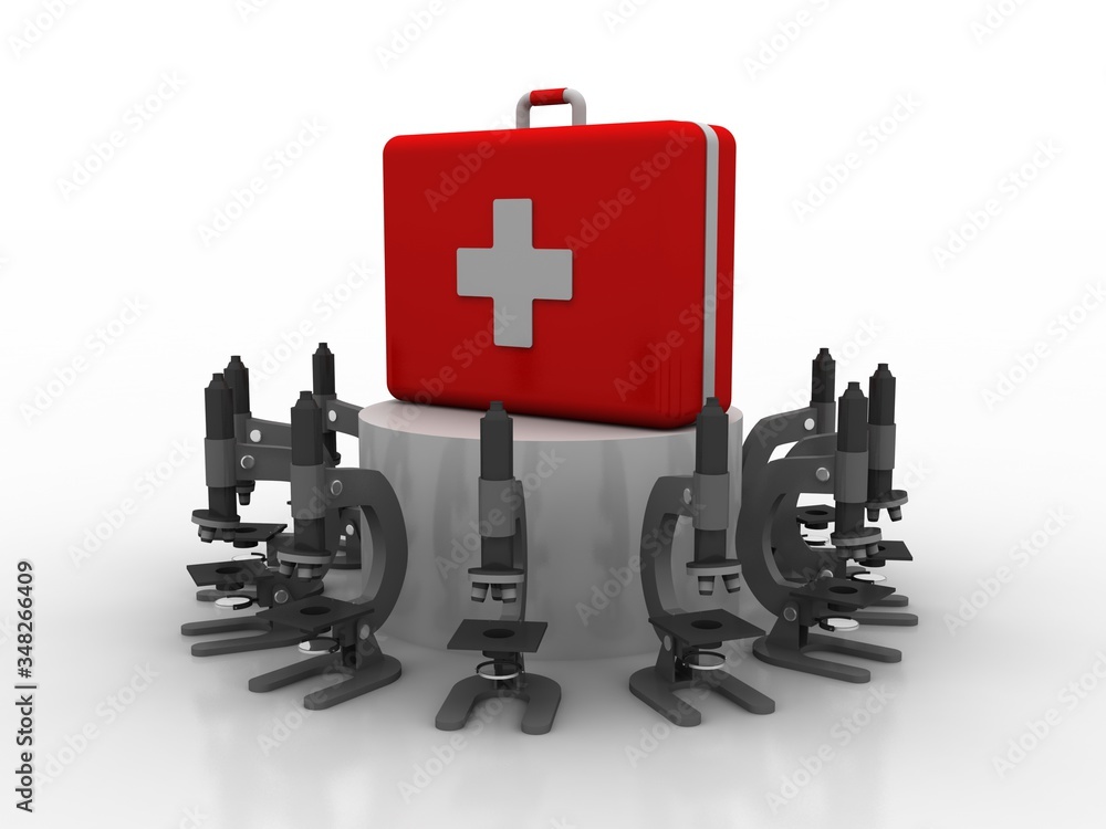 Poster 3d rendering microscope with first aid box