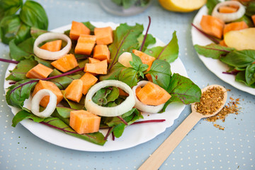 green vegetable salad, few calories fitness concept, on bright background. Place under the text.