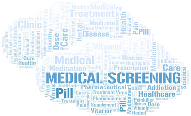 Medical Screening word cloud collage made with text only.