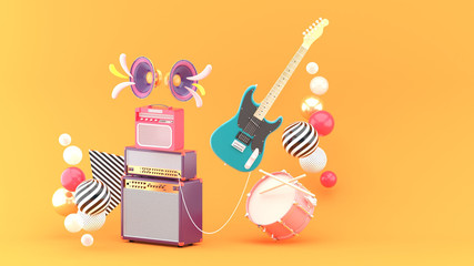 Guitar amplifiers, guitars and drums surrounded by colorful balls on an orange background.-3d rendering..