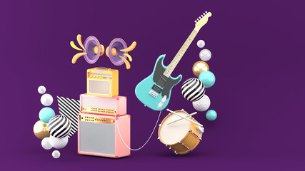 Guitar amplifiers, guitars and drums surrounded by colorful balls on a purple background.-3d rendering..