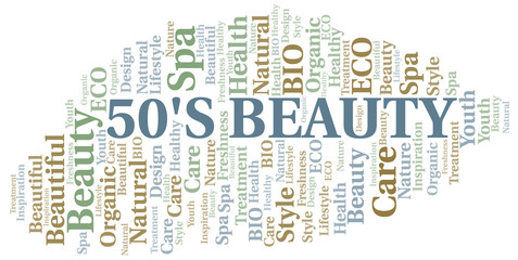 50s Beauty word cloud collage made with text only.