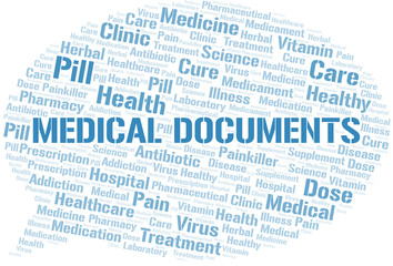 Medical Documents word cloud collage made with text only.