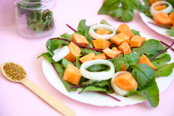 green vegetable salad, few calories fitness concept, on bright background. Place under the text.