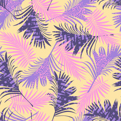 Seamless   pattern of tropical leaves, dense jungle pink emerald turquoise colors. Banner with tropic summertime topic for wrapping paper, bed linen ,textile or wallpaper design,background