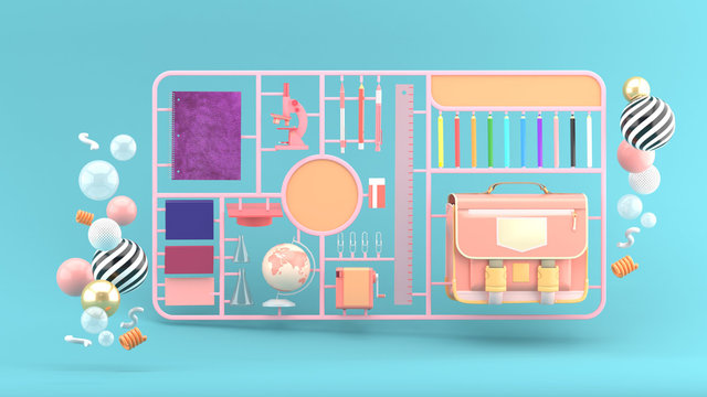 Stationery, school bags, globes and microscopes surrounded by colorful balls on a blue background.-3d rendering..