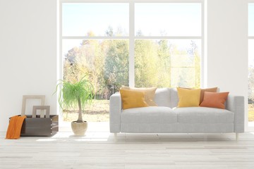 White living room with sofa. Scandinavian interior design. 3D illustration