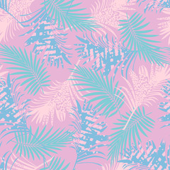 Seamless   pattern of tropical leaves, dense jungle pink emerald turquoise colors. Banner with tropic summertime topic for wrapping paper, bed linen ,textile or wallpaper design,background
