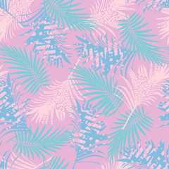 Fototapeta na wymiar Turquoise purple pink summer seamless pattern with tropical pink black plants on a menthol background. Creative abstract background. Floral Hawaii print. Jungle Exotic wallpaper.