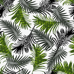 Trend summer seamless pattern with tropical green black plants . Floral pattern.Trendy summer Hawaii print.  Creative abstract background. Jungle leaves. Exotic wallpaper.