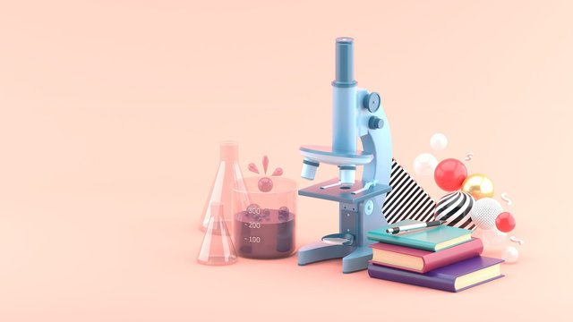 Microscopes, books and test tubes amidst colorful balls on a pink background.-3d rendering..
