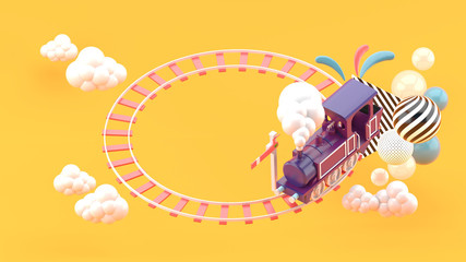 Train on a circular track surrounded by clouds and colorful balls on an orange background.-3d rendering..