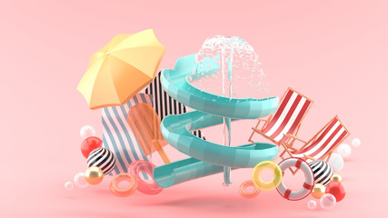 Slider and fountains surrounded by rubber rings, beach chairs, ice cream and umbrellas on a pink background.-3d rendering..
