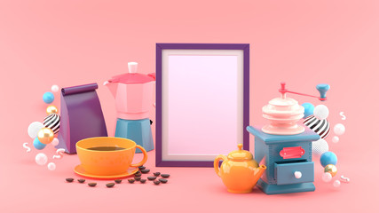 The frame is surrounded by a cup of coffee, a coffee bag, a coffee maker and a kettle on a pink background.-3d rendering..