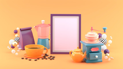 The frame is surrounded by a cup of coffee, a coffee bag, a coffee maker and a kettle on an orange background.-3d rendering..