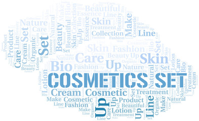 Fototapeta na wymiar Cosmetics Set word cloud collage made with text only.